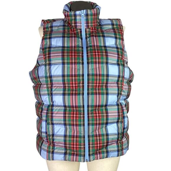 Lands End Puffer Vest Women 1X Blue Multi Plaid Down Filled Full Zip Pockets - Picture 1 of 6